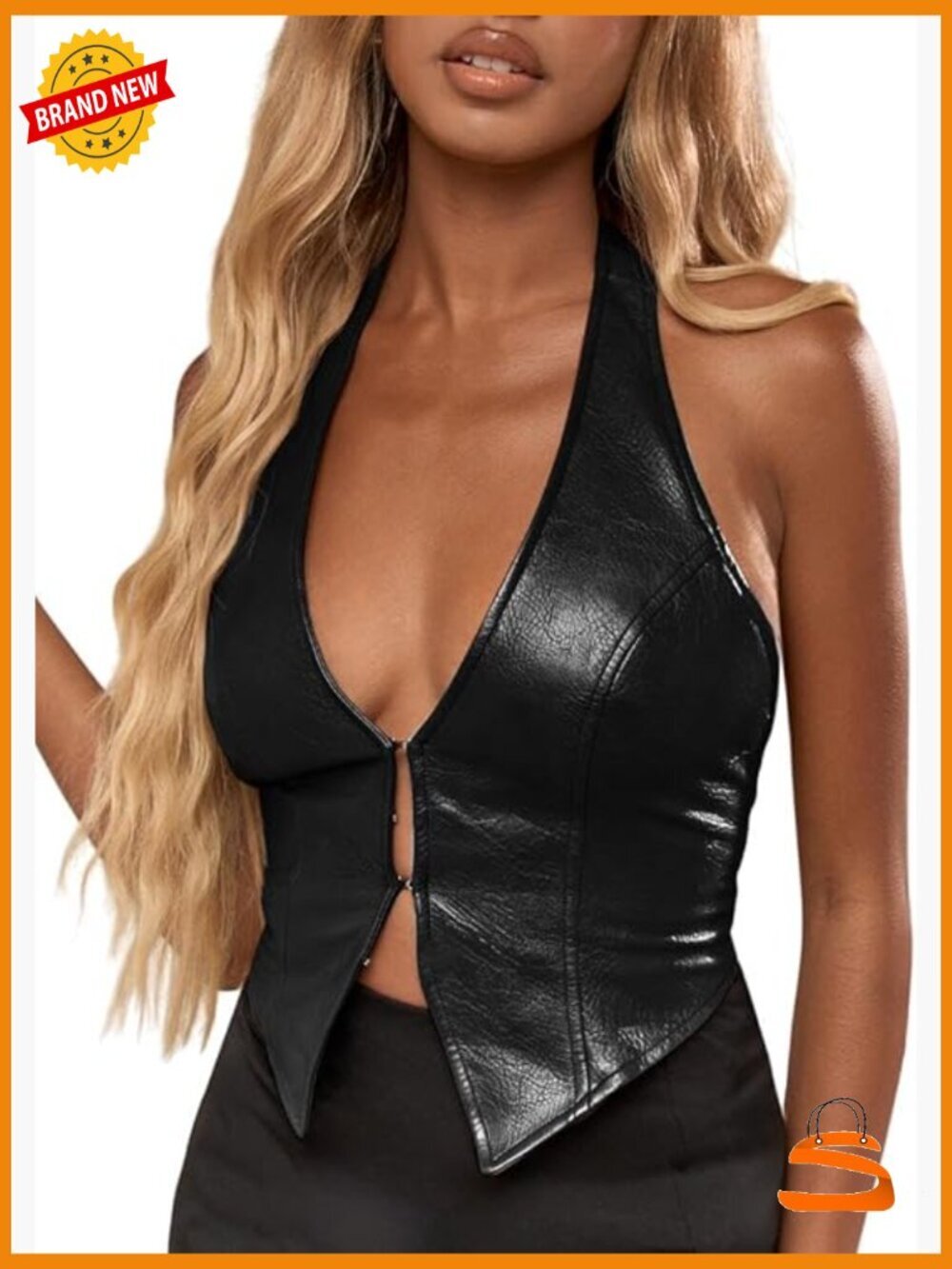 Women's PU Leather Halter Tank Top Sexy Deep V Neck Asymmetrical Vest Crop Top